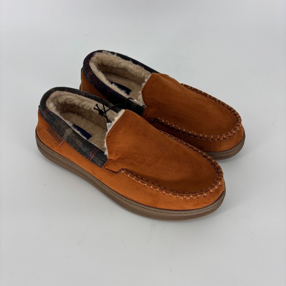 Cole Haan Plaid Trim Faux Fur Lined Microsuede Slipper Tan Men Size Small 7-8